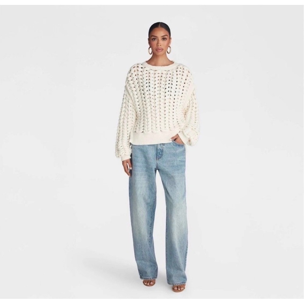 KBB by Kahlana Womens Cream Chunky Cable Knit Open Weave Sweater Small NEW